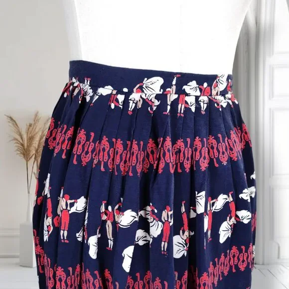Vintage 50s Full Novelty Print Skirt Size XS Blue Silk Bullfighter Print